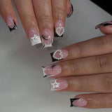 Fashionkova 24Pcs Long Coffin False Nails with Star Rhinestones Black Y2K Nail Art French Gradient Full Cover Press on Nail Tips for Girls