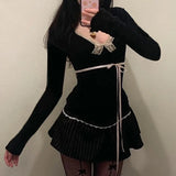 Y2K Lace Patchwork Top Contrast Color Women Autumn Spring Ribbon Lace-up Bow Coquette T-shirts Cute Causal Basics Tees