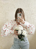 Fashionkova Christmas Gift outfit  Big Peter Pan Collar Ruffle Womens Blouse Heart Print Long Sleeve Cotton Shirts Tops Female Spring Summer Frill Shirt