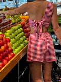 Fashionkova  Women Plaid Print Casual 2 Pieces Outfits Sleeveless Off Shoulder Tank Crop Tops High Waist Shorts Sets Clubwear 2024
