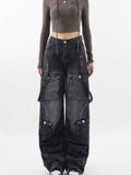 Fashionkova Women Vintage Black Gothic Cargo Jeans Y2k Wide Leg Denim Pants Oversize 2000s High Waist Jeans Korean Baggy Trousers 90s Jeans
