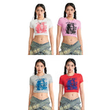 Fashionkova 2024 New Fashion Women's Summer Baby Tee Cartoon Portrait Letter Print Short Sleeve Round Neck Crop Tops Cute Streetwear