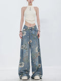 Fashionkova Fashion Printed Jeans 2024 Retro Floral Denim Mopping Trousers Korean Style High Street Loose Hip Hop Wide-leg Jean Pants