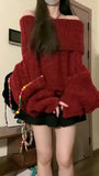 Fashionkova Christmas outfit Women Red Pullover Knitted Sweater Harajuku Y2k Long Sleeves Slash Neck Sweater Jumper Vintage 2000s Aesthetic Clothes 2024