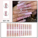 Fashionkova 24Pcs Long Square Press on Nails Love Pattern Design Artifical Coffin False Nail Brown French Wearable Full Cover Fake Nail Tips