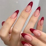 Fashionkova 24Pc Middle Size French Red Border Setting stones Simplicity Versatile Women Full Coverage Fake Nails Set