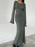 Fashionkova  Women Knitted Long Dress Long Flare Sleeve Backless Tie-up Round Neck Solid Color Ruffles Hem Dress Beachwear Vestido