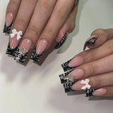 Fashionkova 24Pcs Long Coffin False Nails with Star Rhinestones Black Y2K Nail Art French Gradient Full Cover Press on Nail Tips for Girls