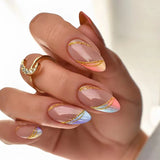 Fashionkova 24pcs French False Nails Almond Head Summer Style Glitter Design Fake Nail Patch Full Cover Wearable Women Press on Nail Tips