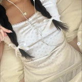 Fashionkova Cottage 00s Retro Y2K Crop Tops Fairycore Eyelet Kawaii T-shirt Lace Trim Square Collar Short Sleeve White Tees Korean Clothes