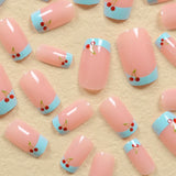 Fashionkova 24pcs Medium Size Square False Nails Sea Blue French Red Small Cherry Nail Patches