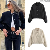 Fashionkova Woman Bomber Jacket Coat White Autumn Winter Button Baseball Aviator Cropped Jackets for Women Long Sleeve Crop Outerwear