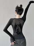 Fashionkova HOUZHOU Gothic See Through Angel Graphic Print T-shirt for Women Goth Punk Slim Fit Sexy Mesh Y2k Long Sleeve Grunge Transparent