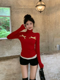 Fashionkova KUSAHIKI Detachable Bow High Neck Bottom Shirt Long Sleeved T-shirt Women's Autumn/Winter Basic Slim Fit Spicy Girl Y2k Top