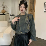 Fashionkova Lucyever Vintage Streetwear Y2K Denim Jacket Female Korean Fashion Stand-Up Collar Short Coat Women 2024 New Long Sleeve Outwear