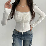 Korean White Lace Patched Female T-shirt Slim Basic Sweet Folds Autumn Tee Cute Top Coquette Clothes Front Tie-Up Y2K