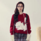 Fashionkova Christmas outfit Sweet Bow Christmas Sweater Women Korean Round Neck Soft Glutinous Cat Cute Academy Loose College Winter Festival Lady Knitwear