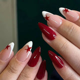 Fashionkova French Fake Nails Red Five-pointed Star False Nails Full Cover Press on Nail Tips y2k Nail Art Almond Artificial Nail Patches