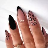 Fashionkova 24pcs Leopard Print Fake Nails with Glue Almond Acrylic Press on False Nails Gold Lines French Nail Tips Sweet Cool Autumn Nails