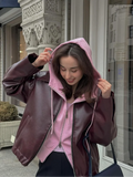 Fashionkova Vintage Solid Lapel Collar Zipper Women's Pu Leather Jacket Fashion Long Sleeve Pockets Short Loose Coat Autumn Winter Outerwear