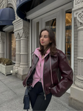 Fashionkova Vintage Solid Lapel Collar Zipper Women's Pu Leather Jacket Fashion Long Sleeve Pockets Short Loose Coat Autumn Winter Outerwear