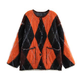 Fashionkova Mohair Plaid Contrast Women Sweater O Neck Full Sleeve Lady Cardigan 2024 Fashion Autumn Loose Single-breasted Female Knitwear