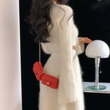 Fashionkova Autumn Winter Women Two Piece Outfits Sweater Set Elegant Vintage Slim Plush Long Sleeve Short Knit Pullover and Long Skirt Suit