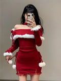 Fashionkova Christmas outfit Christmas New Years Bodycon Knitted Mini Dress Women Casual Long Sleeve Sweet Elegant Even Party One Piece Dress Korean Fur