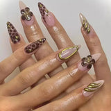 Fashionkova 24pcs Leopard Print Fake Nails with Glue Almond Acrylic Press on False Nails Gold Lines French Nail Tips Sweet Cool Autumn Nails