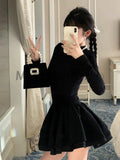 Winter Hepburn Party Mini Dress Women Patchwork Black Slim Vintage Mini Dress Female Korean Fashion Elegant One Piece Dress 2023