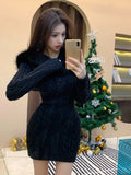 Fashionkova Christmas outfit 2023 Winter Christmas Knitted Sweater Dress Hooded Women Slim Bodycon Y2k Mini Dress Fur Female One Piece Dress Korean Elegant