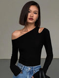 Fashionkova Fashion Skew Collar Off-shoulder Long-sleeved T-shirts Women Spring New Solid Slim Fit Crop Top Sexy Hollow Out Tees Shirts