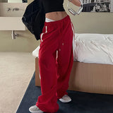 Fashionkova Christmas outfit American Contrasting Vintage Drawstring Sweatpants Fashion Straps Straight Wide Leg Pants Baggy Mopping Trouser Ladies Summer