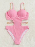 Fashionkova Christmas Gift 2024 Chain Linked One Piece Swimsuit Women Push Up Swimwear Female Cut Out Monokini Bathers Bathing Swimming Swim Suit Beachwear
