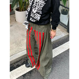 Fashionkova Autumn Women's Casual Retro Wide Leg Baggy Emo Denim Trouser Harajuku High Waist Loose Jeans Lady Green Striped Print Pants