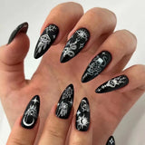 Fashionkova Long Stiletto False Nails Black Edge French Gold Thread Black Rhinestones Design Wearable Fake Nails Press On Nails Manicure Tip