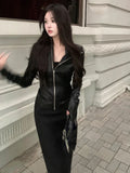 Fashionkova Christmas Gift Outfit  Streetwear Solid Women PU Jackets Y2k Aesthetic Zipper Slim Fit Cropped Elastic Coats Harajuku Casual Black Punk Mujer Chaqueta