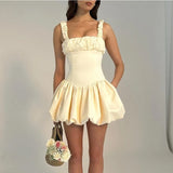 Fashionkova  Satin Suspender Mini Dress For Women Ball Gown Splice Sexy Sleeveless Ruched Solid Summer New Princess Party Dress Female