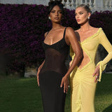 Fashionkova  2024 Spring Solid Color Long Sleeve Mesh See Through Low Cut Sexy Floor Tassel Evening Dress