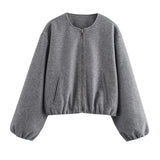 Fashionkova Zipper Woolen Solid Women Jacket Full Sleeve Pocket Female Coat 2024 Casual Fashion Autumn Loose O Neck Warm Soft Lady Outwear