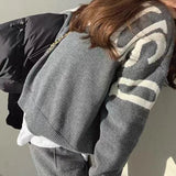 Fashionkova Autumn Winter New Fashion Sweater 2 Piece Set Knitted Pullover Top Loose Pants Versatile Color Blocked Letter Women Sweater Sets