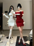 Fashionkova Christmas outfit Christmas New Years Bodycon Knitted Mini Dress Women Casual Long Sleeve Sweet Elegant Even Party One Piece Dress Korean Fur