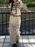 Fashionkova  Vintage Women Sweatpants Baggy Korean Preppy Style Retro Trousers Streetwear Y2k Letter Printed Wide Leg Patchwork Pants