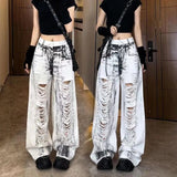 Fashionkova Women Grey Ripped Jeans High Waist America Feeling Street Wide Leg Pants Y2K Vintage Ins Straight Baggy Plus Size Denim Trousers