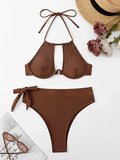 Fashionkova Christmas Gift 2024 Cut-out Push Up Bikini Solid Halter Swimsuit Women High Waist Swimwear Female Bathers Bathing Swimming Swim Suit Beachwear