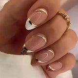 Fashionkova 24pcs Leopard Print Fake Nails with Glue Almond Acrylic Press on False Nails Gold Lines French Nail Tips Sweet Cool Autumn Nails