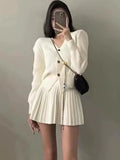 Fashionkova Casual Knitted 2 Piece Set Single Breasted V-neck Top + High Waist Mini Pleated Skirt Autumn Spring Korean Fashion Solid Outfits