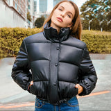 Fashionkova Winter Warm Thick PU Leather Coats Women Short Parkas Fashion Black Cotton Padded Lady Down Jacket Elegant Zipper Clothes 2023