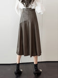 Fashionkova High Waist A-line Skirt Women New Arrival 2023 Autumn Fashio Korean Style Vintage PU Leather Ladies Elegant Long Skirts W1364