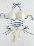 Fashionkova Christmas Gift 2024 Halter String Ring Link Bikini Swimsuit Women Swimwear Female Bather Bathing Swimming Swim Suit Beachwear